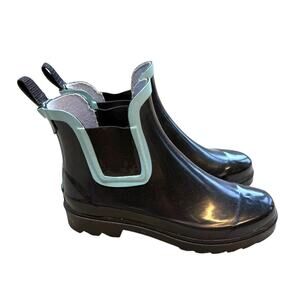 Tamara Henriques short rain boots black with turquoise accent 7.5